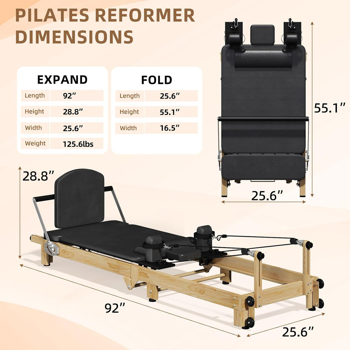 Foldable Wooden‑Look Pilates Reformer Machine