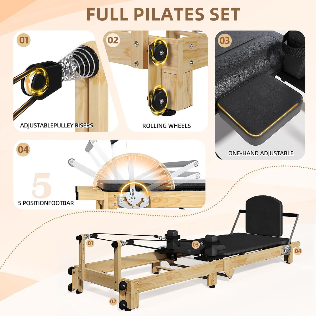 Foldable Wooden‑Look Pilates Reformer Machine